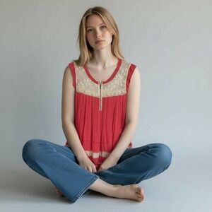 POL Coral Lace Detail Zipper Front Tiered Tunic Top Women's Size L